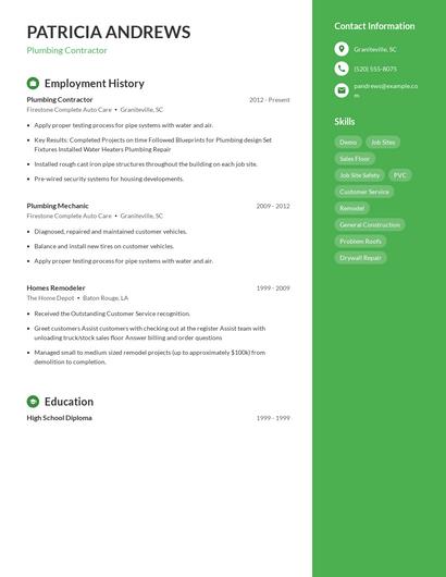 Plumbing Contractor Resume