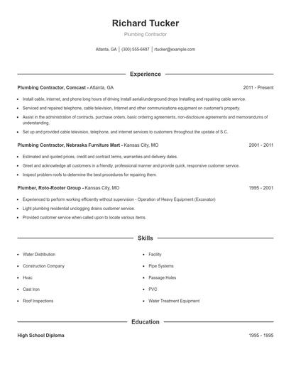 Plumbing Contractor Resume