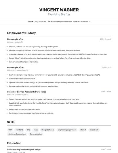 Plumbing Drafter Resume
