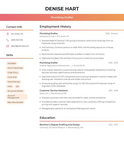 Plumbing Drafter Resume