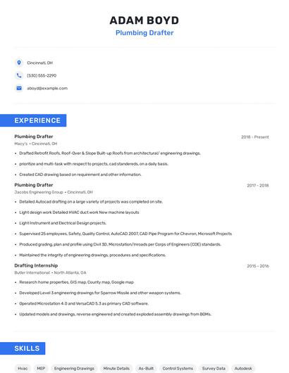 Plumbing Drafter Resume