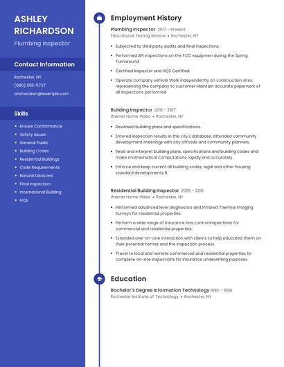 Plumbing Inspector Resume