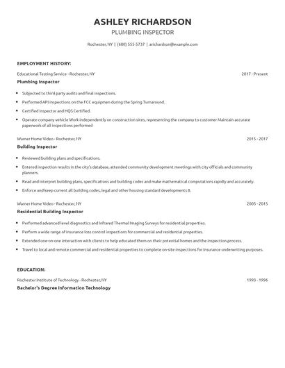Plumbing Inspector Resume