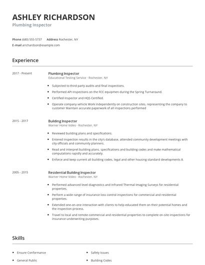 Plumbing Inspector Resume