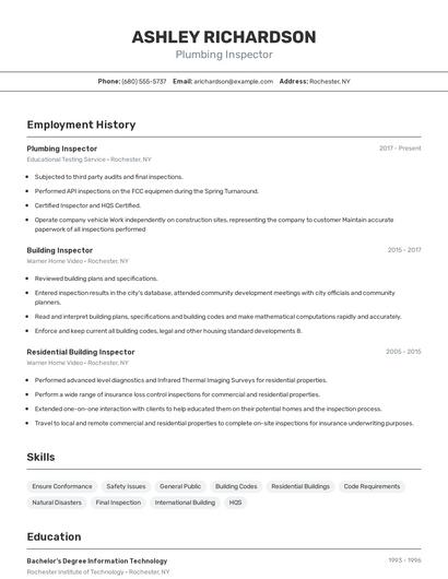 Plumbing Inspector Resume