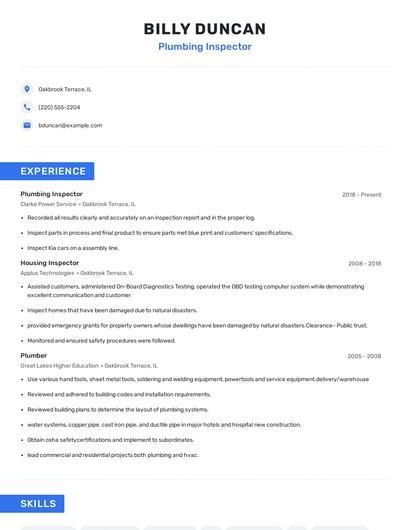 Plumbing Inspector Resume