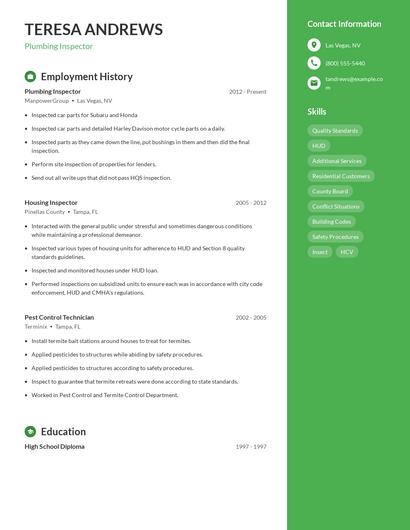 Plumbing Inspector Resume
