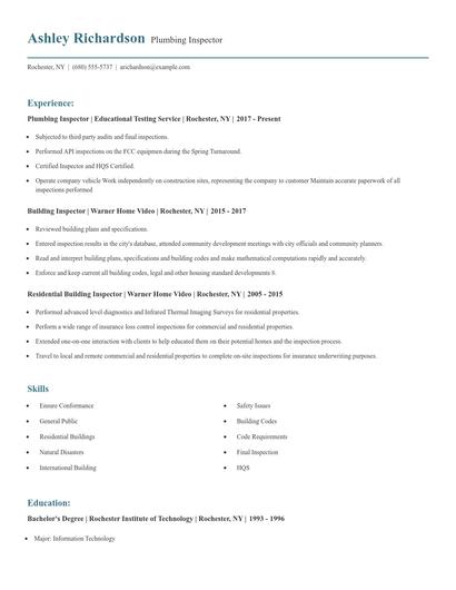 Plumbing Inspector Resume