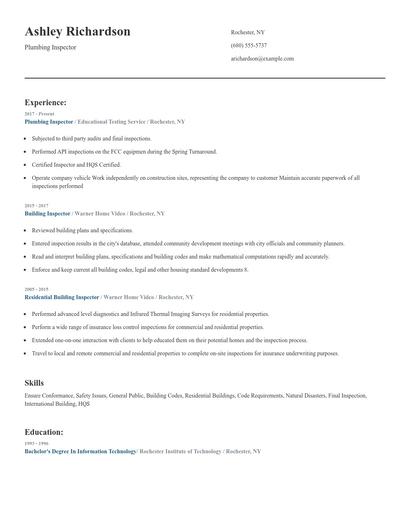 Plumbing Inspector Resume