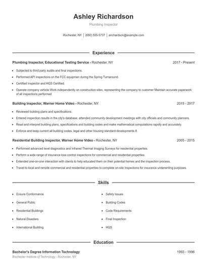 Plumbing Inspector Resume