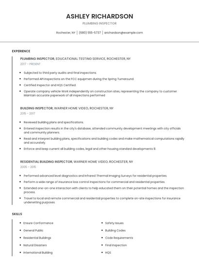 Plumbing Inspector Resume