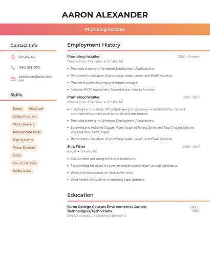 Plumbing Installer Resume