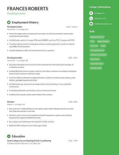 Plumbing Installer Resume