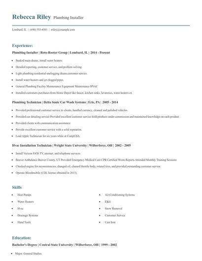 Plumbing Installer Resume