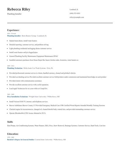 Plumbing Installer Resume