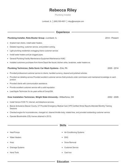 Plumbing Installer Resume