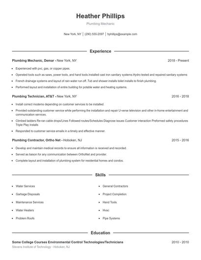 Plumbing Mechanic Resume