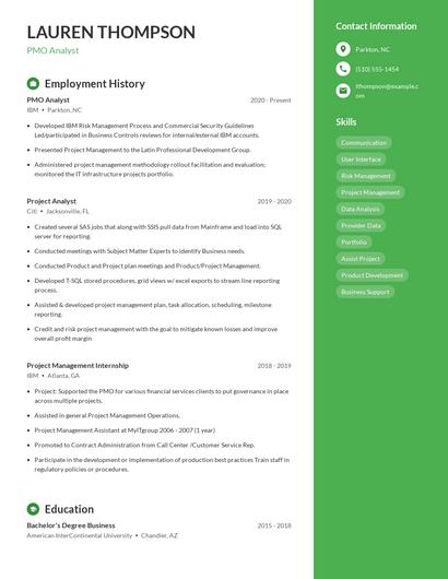 PMO Analyst Resume