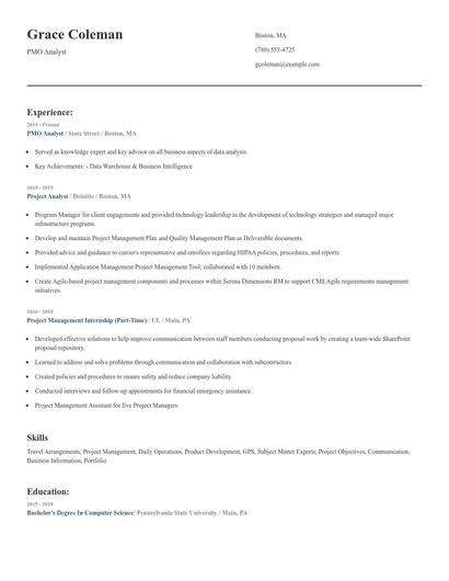 PMO Analyst Resume