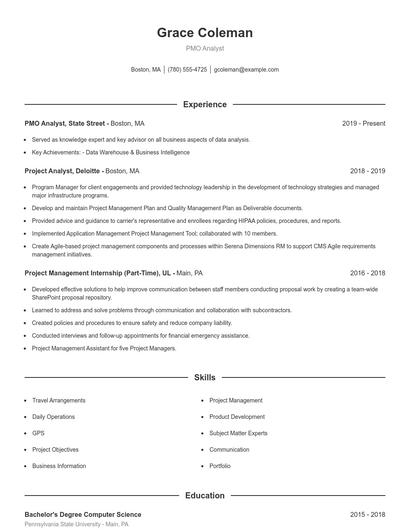 PMO Analyst Resume