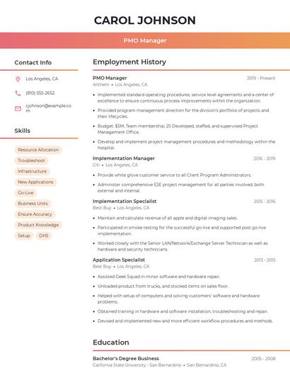 PMO Manager Resume