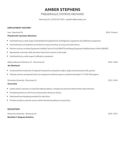 Pneudraulic Systems Mechanic Resume