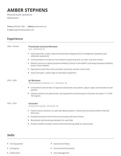 Pneudraulic Systems Mechanic Resume