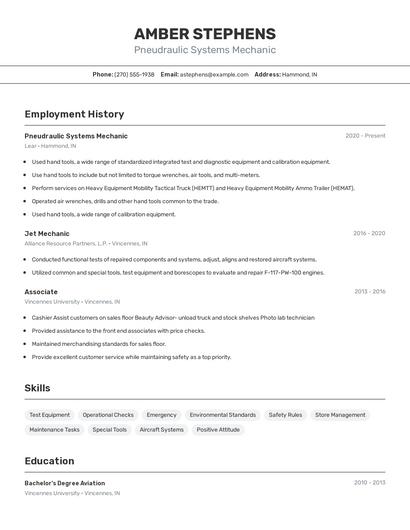 Pneudraulic Systems Mechanic Resume