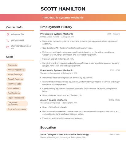 Pneudraulic Systems Mechanic Resume