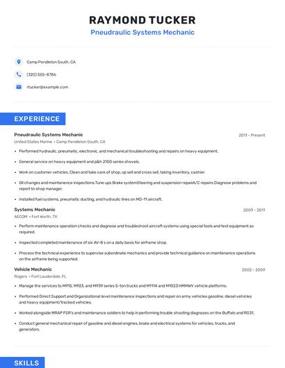 Pneudraulic Systems Mechanic Resume
