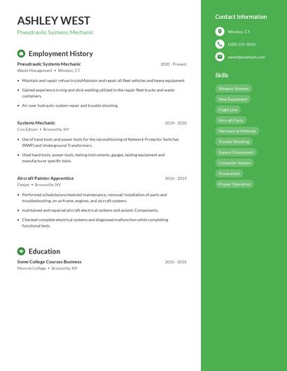 Pneudraulic Systems Mechanic Resume