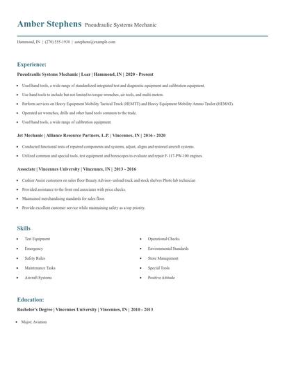 Pneudraulic Systems Mechanic Resume
