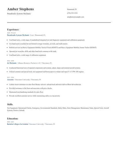 Pneudraulic Systems Mechanic Resume