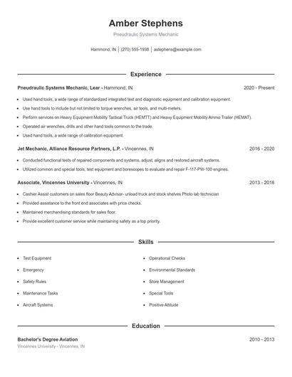 Pneudraulic Systems Mechanic Resume