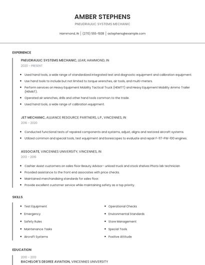 Pneudraulic Systems Mechanic Resume