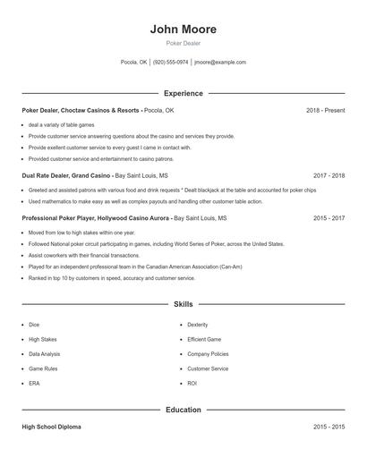 Poker Dealer Resume