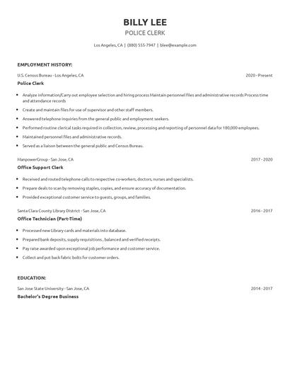 Police Clerk Resume