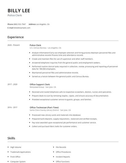 Police Clerk Resume