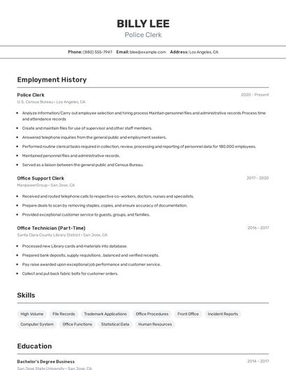 Police Clerk Resume