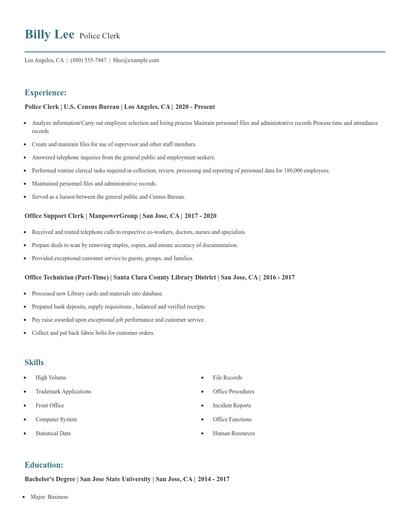 Police Clerk Resume