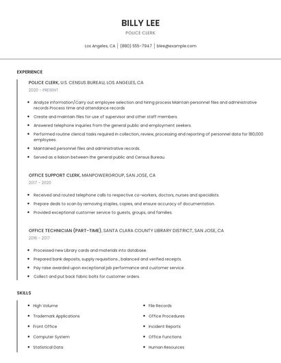 Police Clerk Resume
