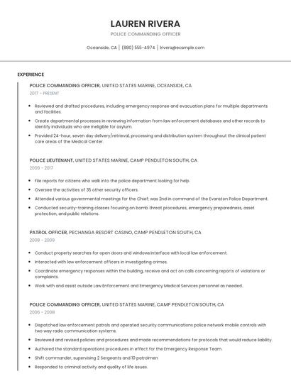 Police Commanding Officer Resume