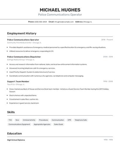 Police Communications Operator Resume
