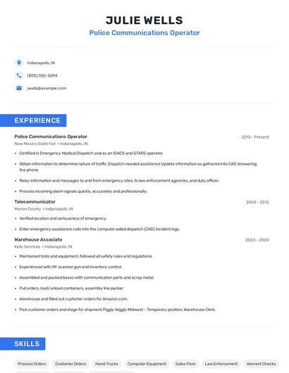 Police Communications Operator Resume