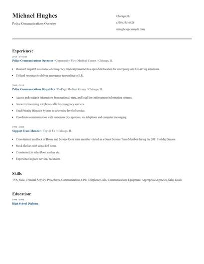 Police Communications Operator Resume