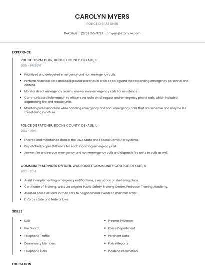 Police Dispatcher Resume