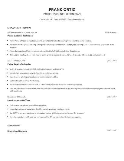 Police Evidence Technician Resume