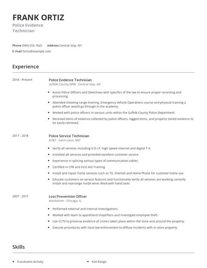 Police Evidence Technician Resume
