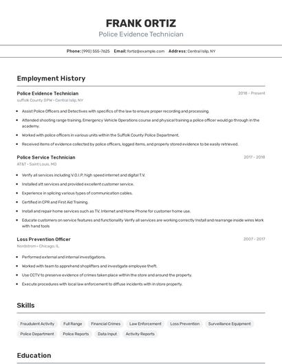 Police Evidence Technician Resume