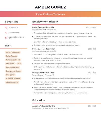 Police Evidence Technician Resume